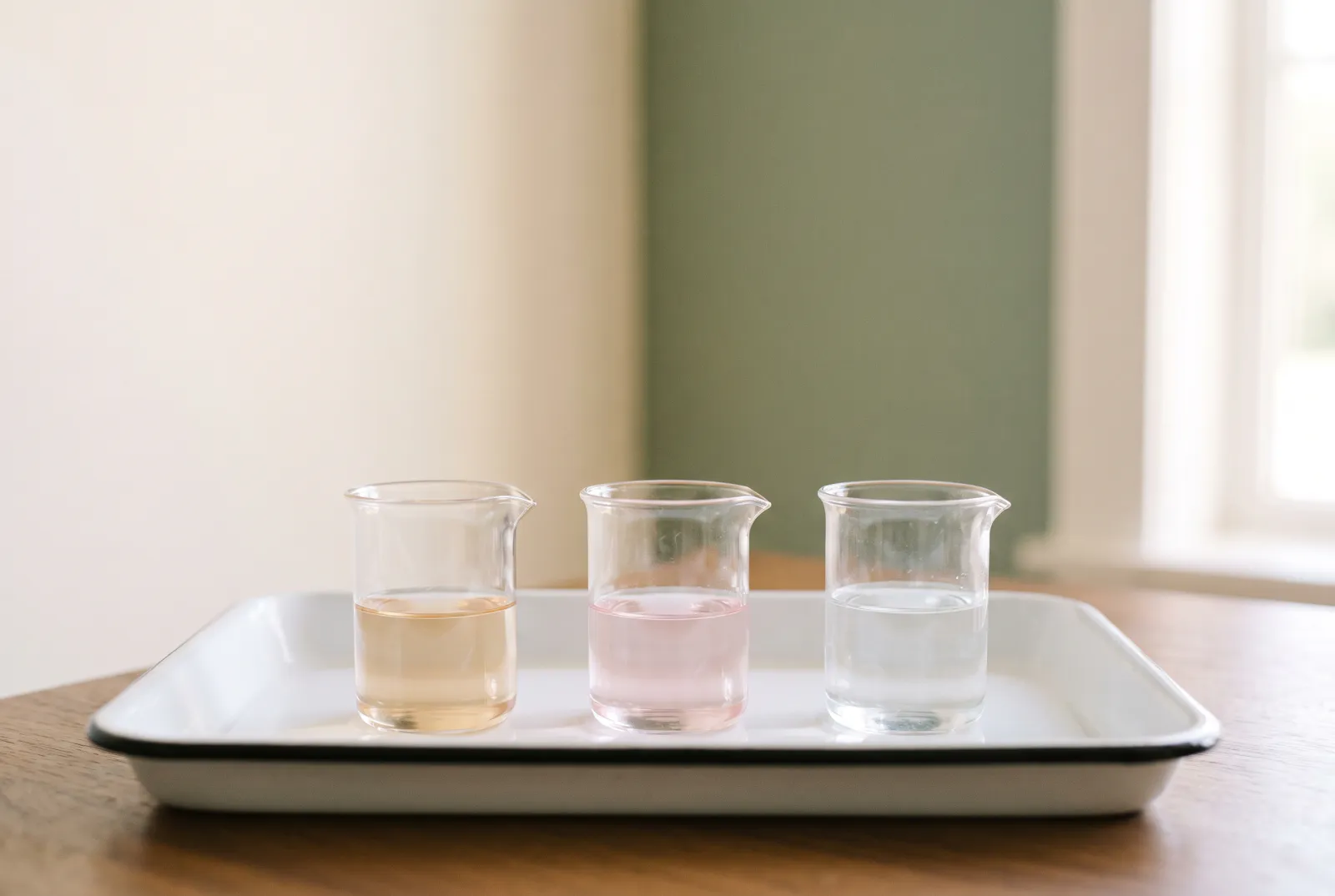 Tres pequeños vasos de vidrio con líquidos claros de tonos apenas distintos, en fila sobre una bandeja blanca