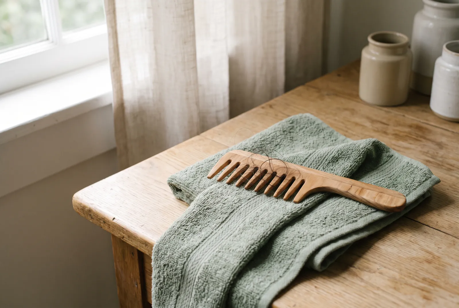 Peine de madera de dientes anchos con unas hebras de cabello enredadas, sobre una toalla de color verde salvia
