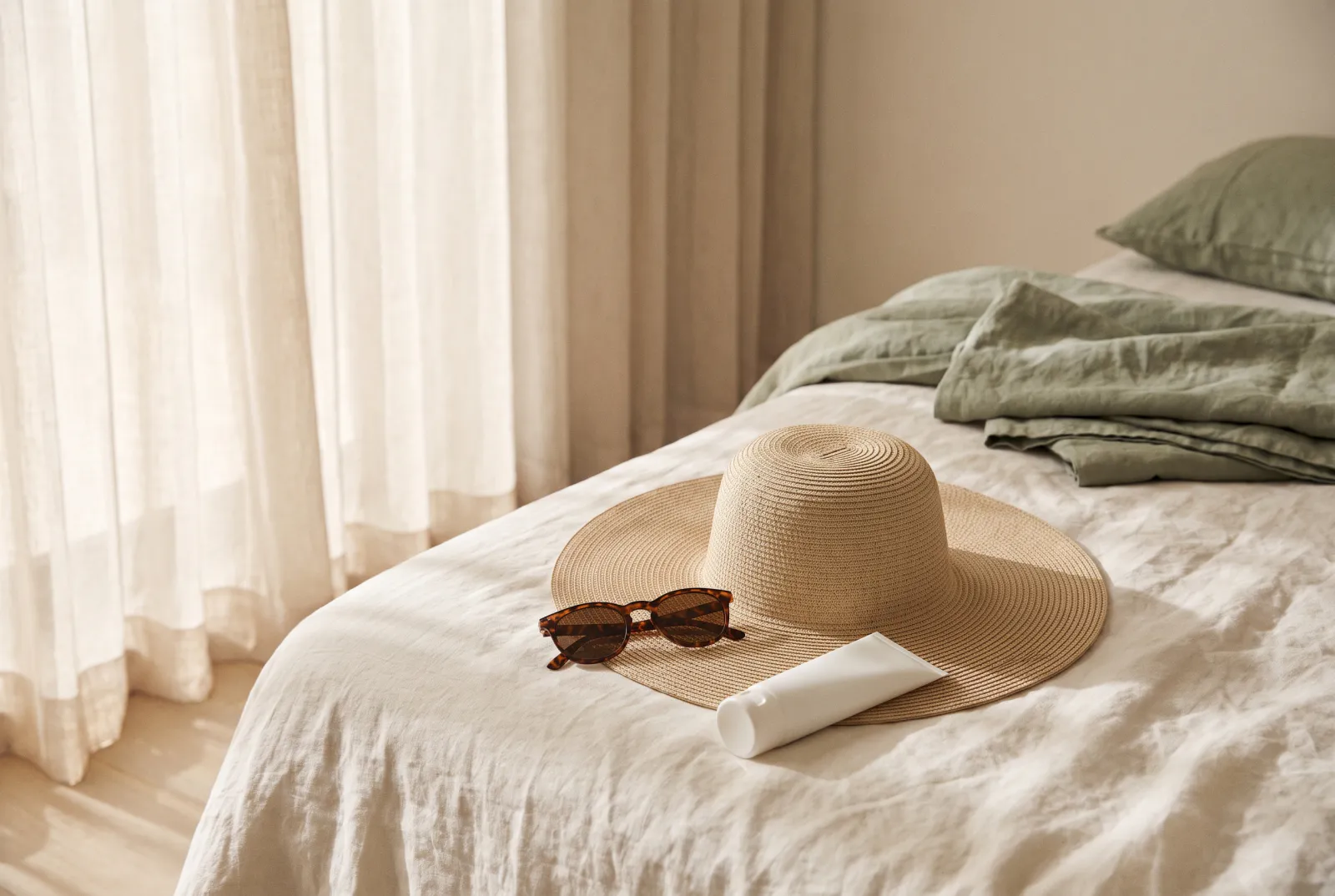 Sombrero de ala ancha, gafas de sol y un tubo de protector solar sin marca sobre una cama tendida con sábanas de lino