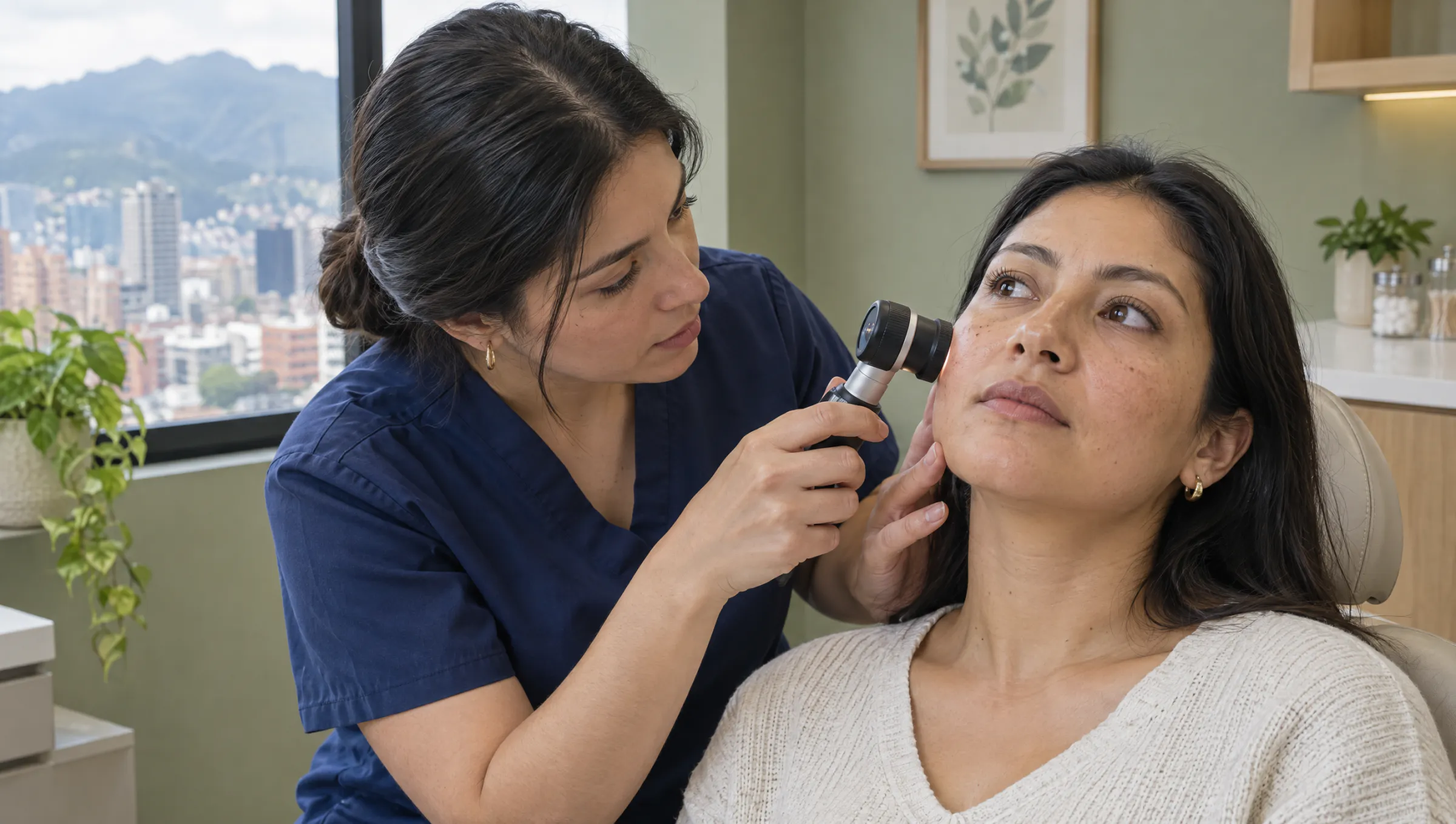 La dermatóloga revisa con un dermatoscopio la mejilla de una paciente sentada en el consultorio.