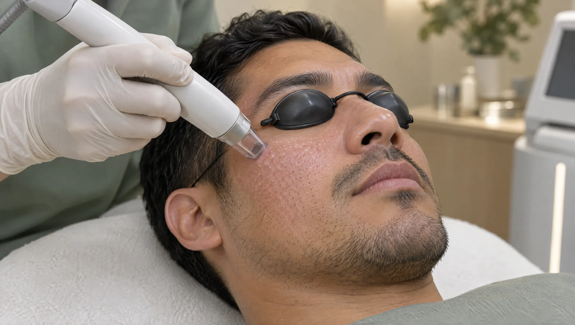 La pieza del láser fraccionado sobre la mejilla de un paciente con protectores en los ojos.