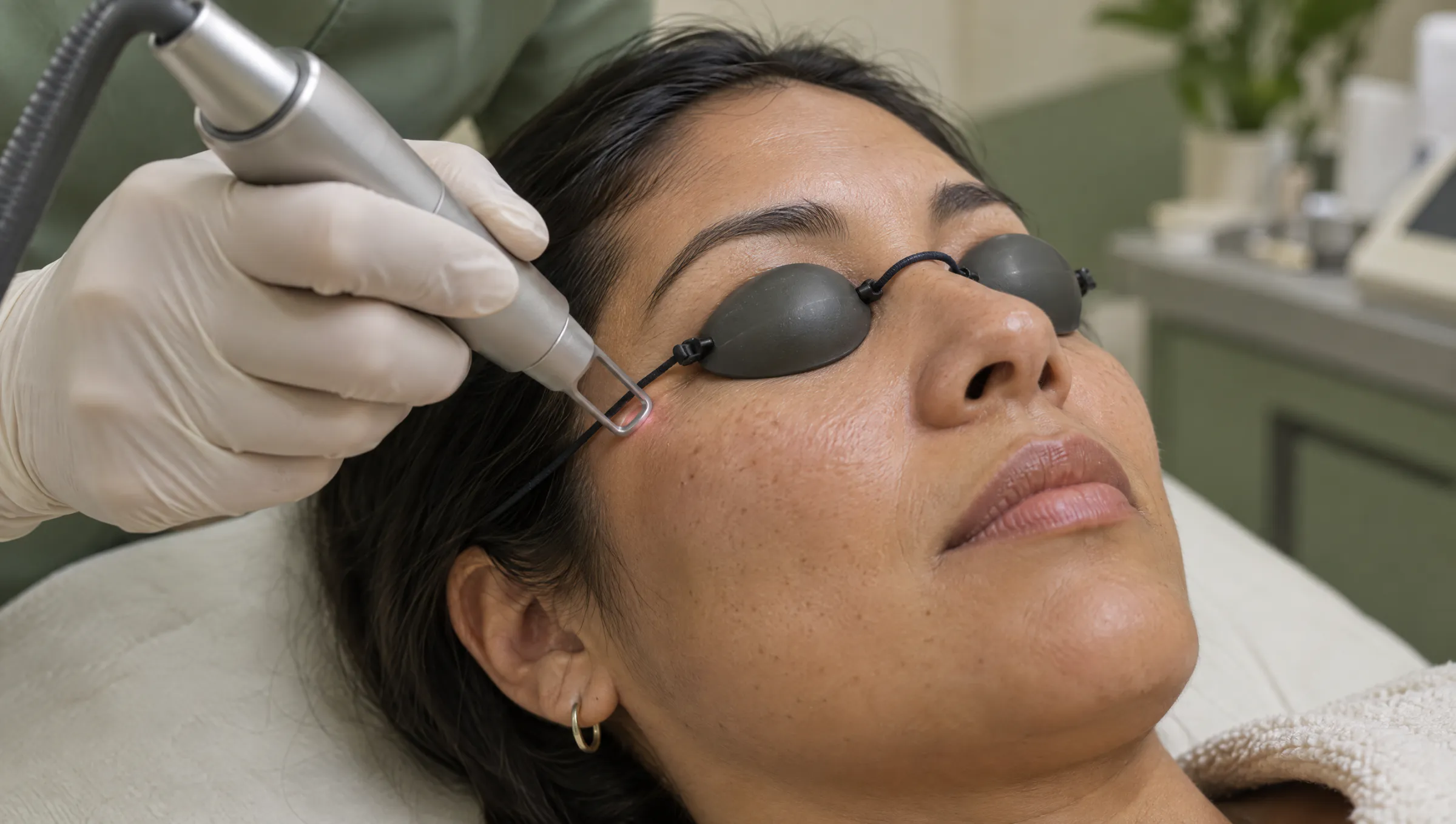 Una pieza de láser pequeña bajo el ojo de una paciente con los ojos protegidos.