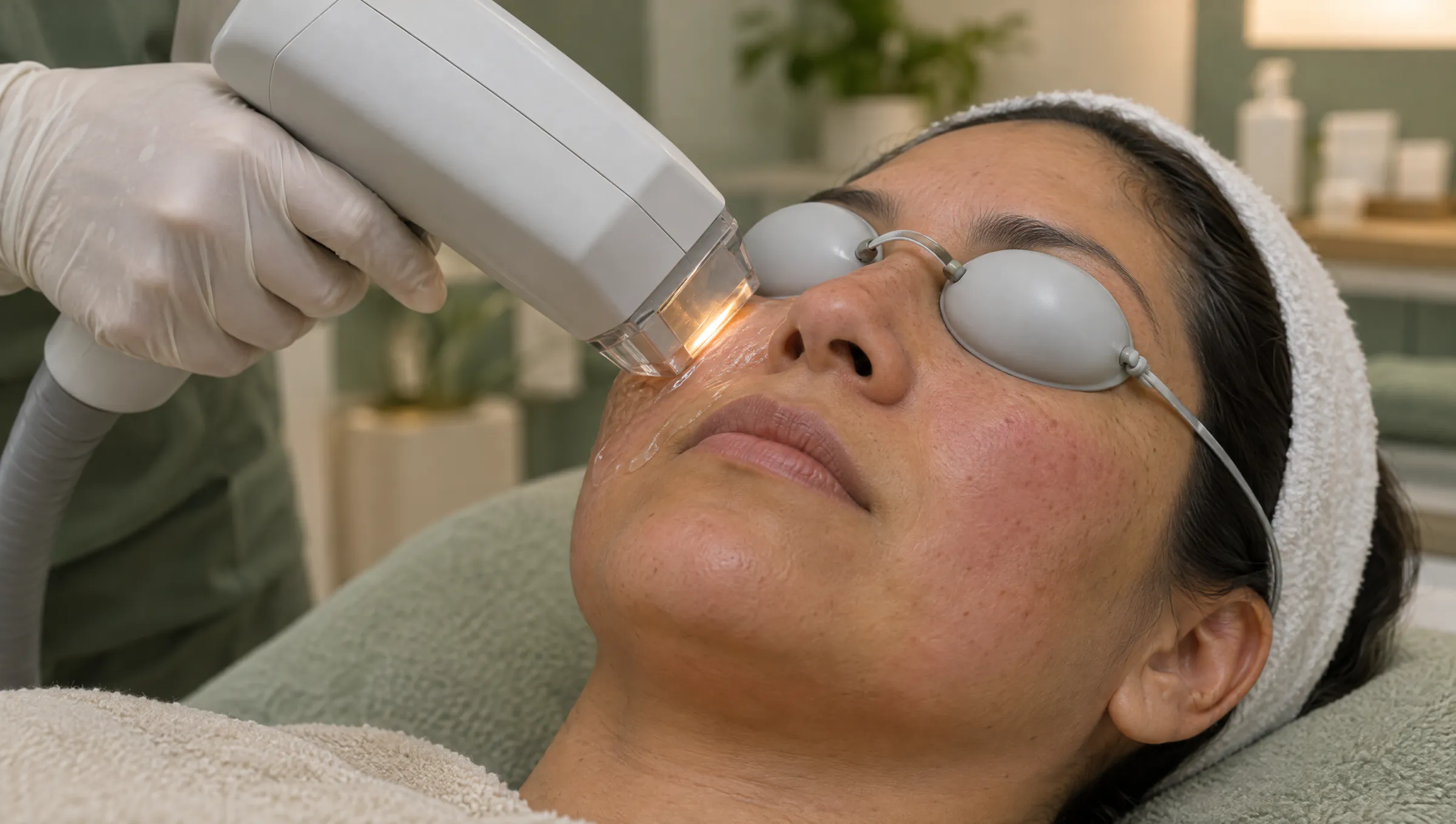 La pieza de luz pulsada, con gel frío, sobre la mejilla de una paciente con gafas protectoras.