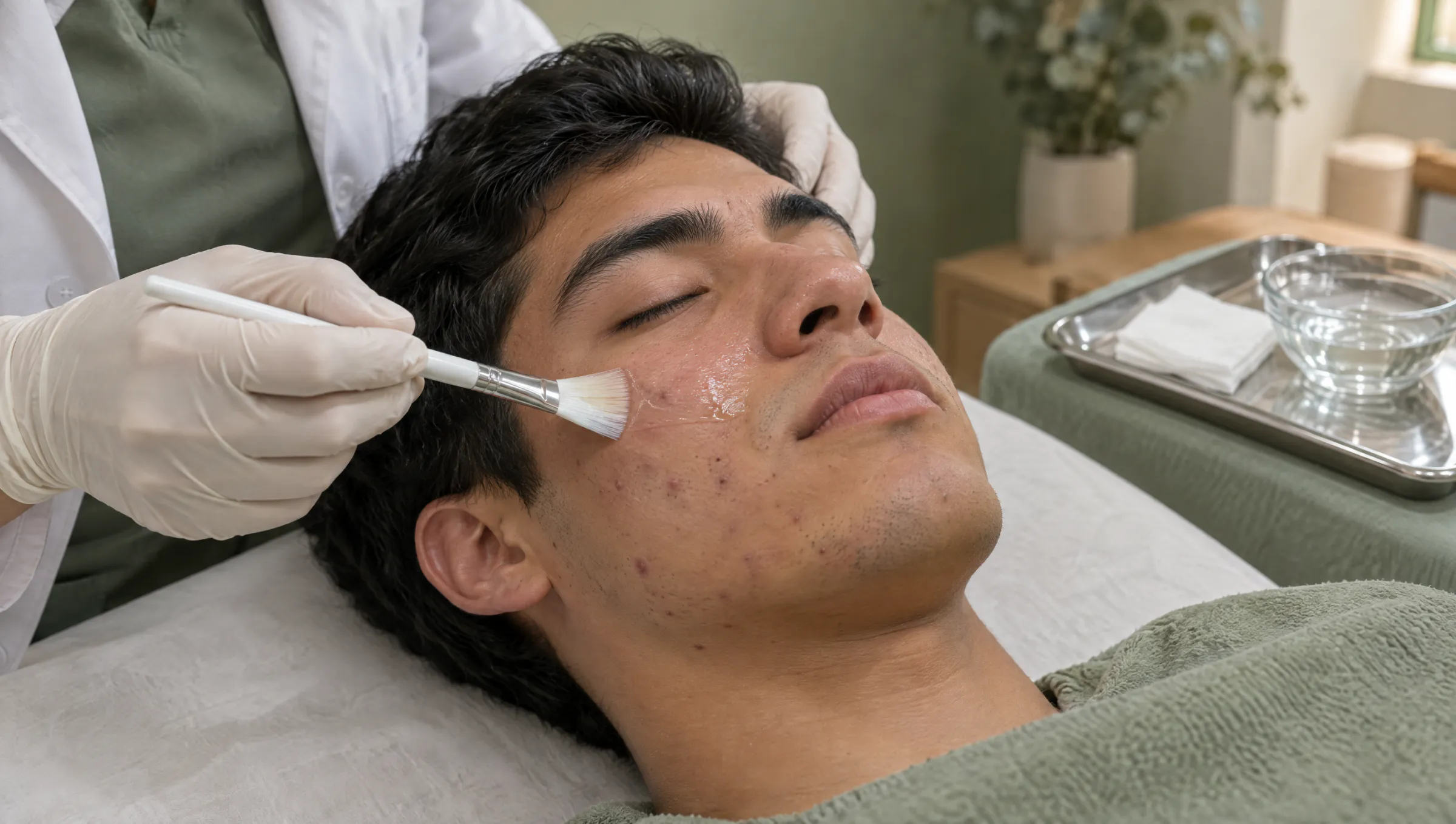 La dermatóloga aplica con un pincel un tratamiento en la mejilla de un joven con acné.
