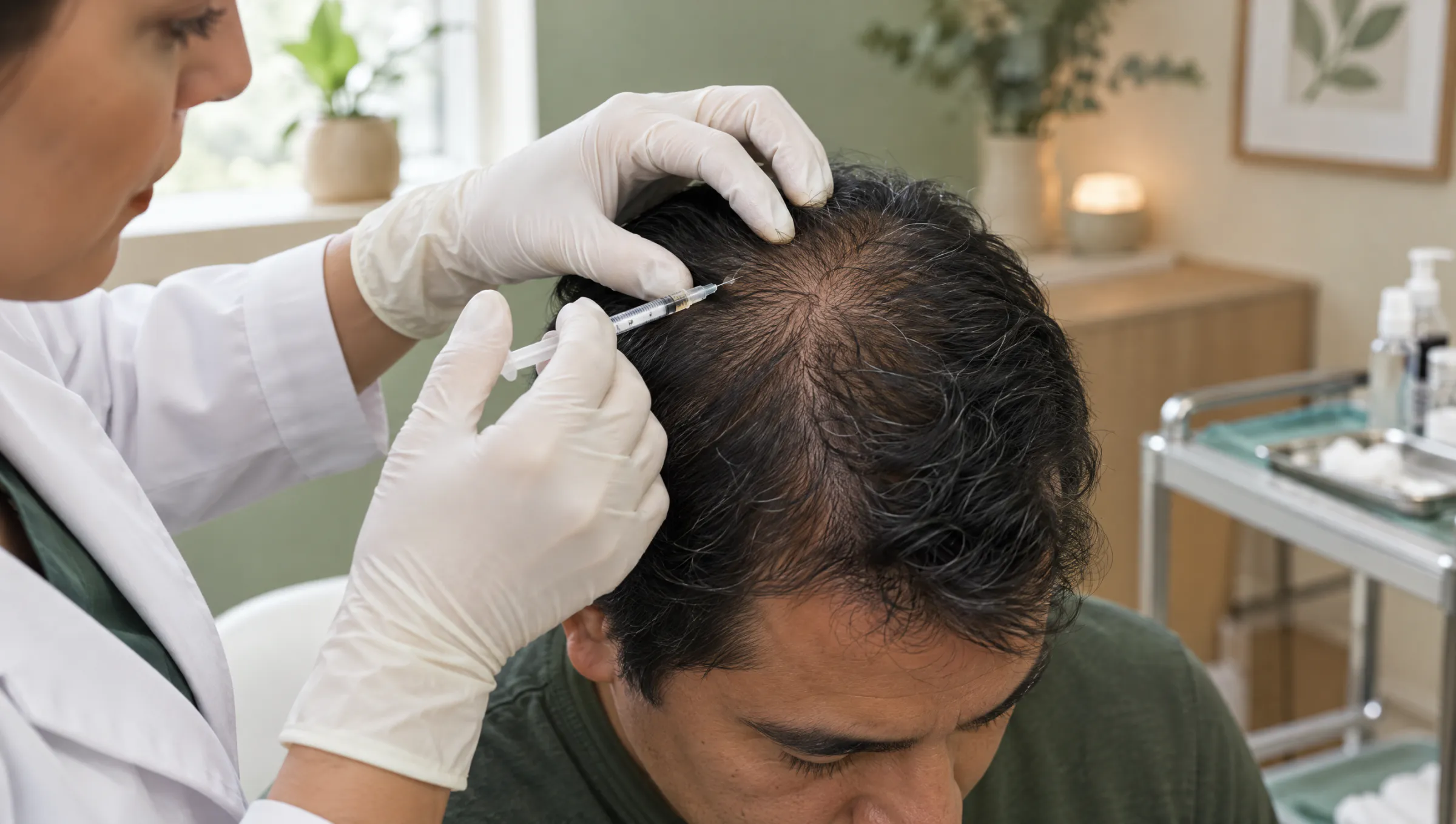 Manos con guantes separan el cabello de la coronilla y aplican una microinyección en el cuero cabelludo.
