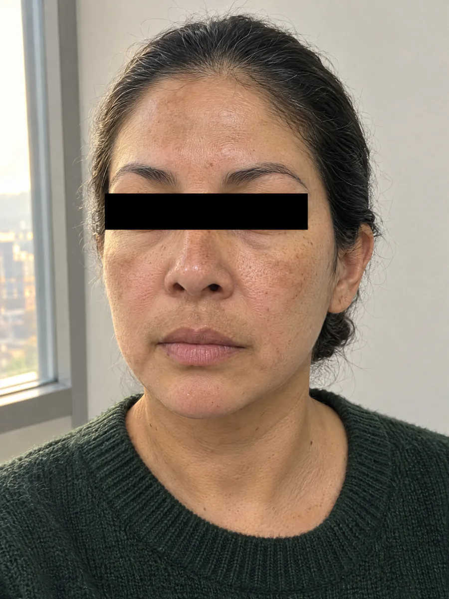 Ilustración: Melasma en mejillas, frente y labio superior: después
